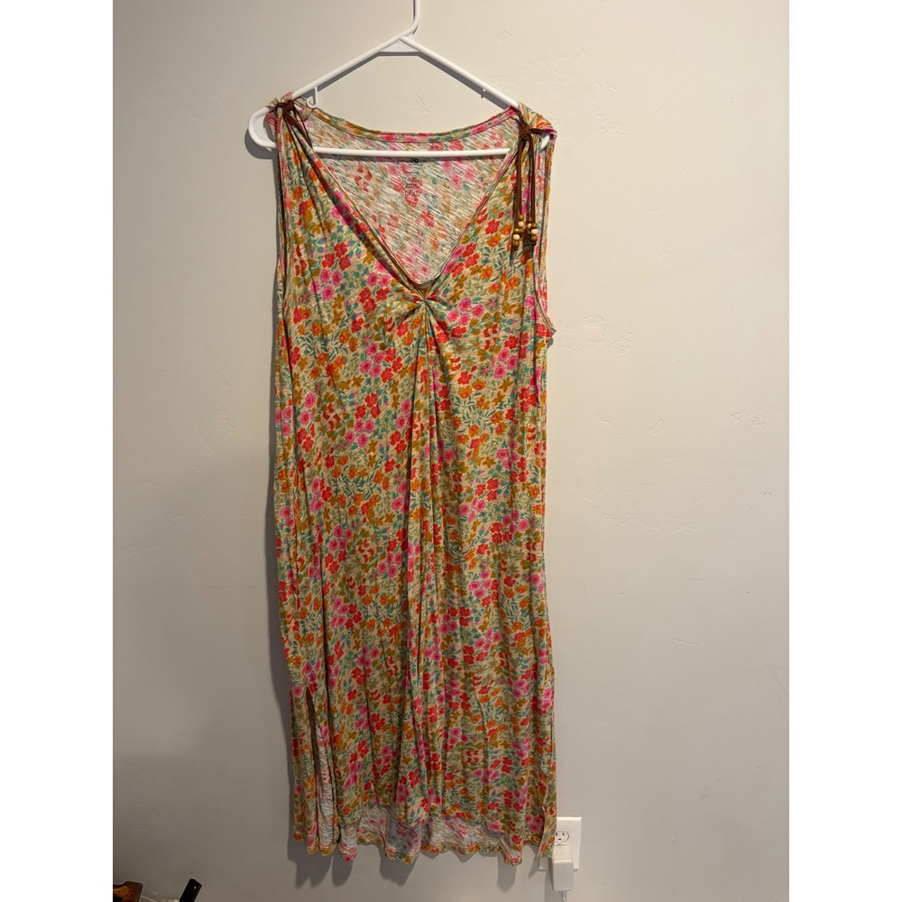 Natural Life Floral Cotton Midi Dress Pink Orange V-Neck Beaded Boho L/XL